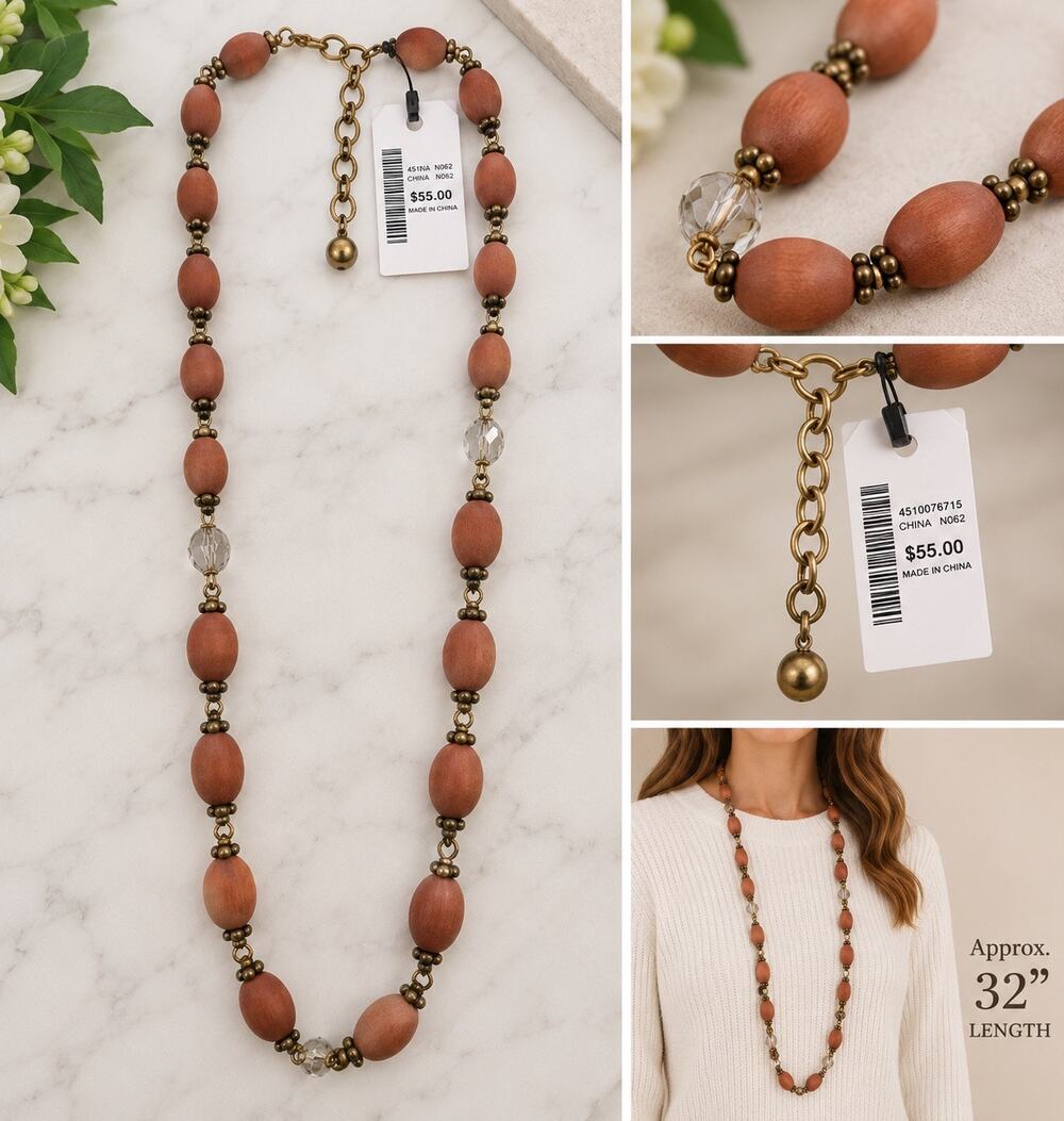 $55 Chico’s Long Wood Beaded Necklace 32” blush pink brown Gold Boho Statement
